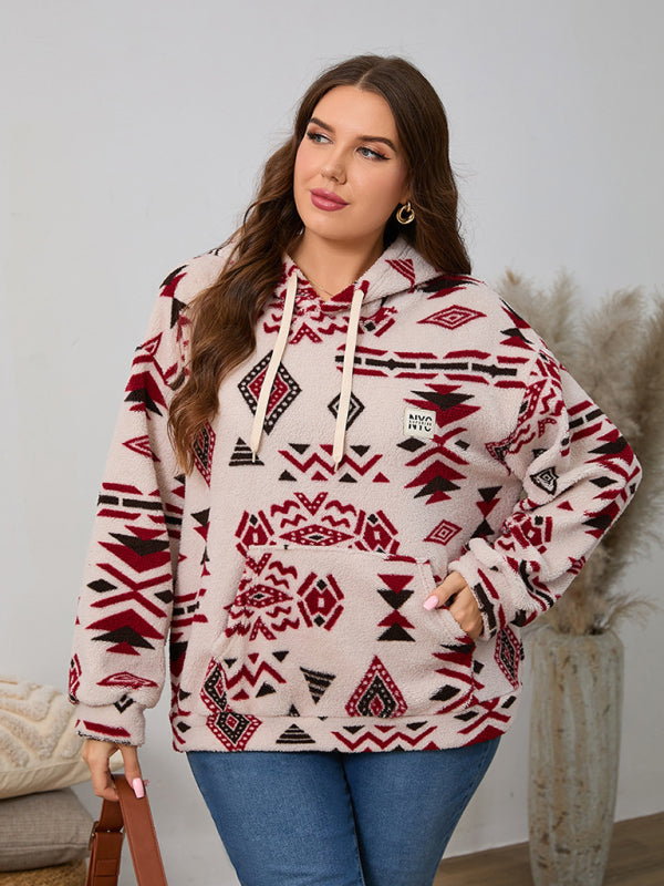 Plus size women's loose casual geometric pattern thickened plush sweatshirt jacket Shop One Place