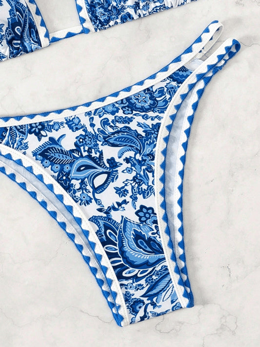Blue Printed Halter Neck Bikini Shop One Place
