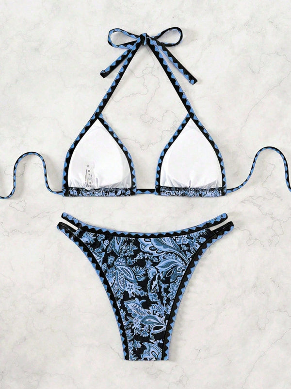 Dark blue printed halter neck bikini Shop One Place