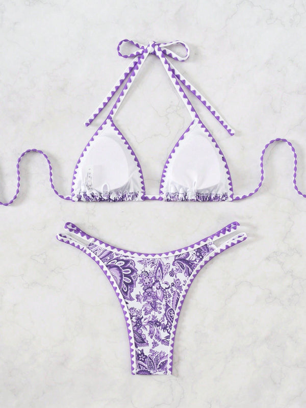 Purple Printed Halter Neck Bikini Shop One Place