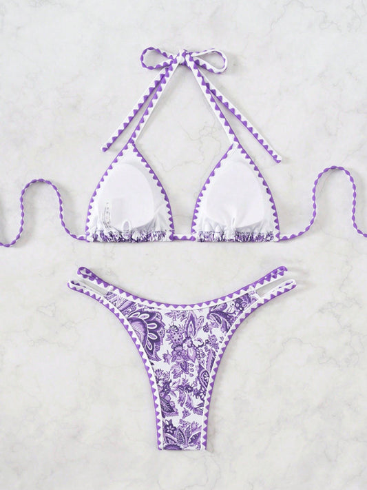 Purple Printed Halter Neck Bikini Shop One Place
