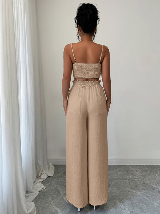 Light beige suspender vest wide-leg pants two-piece suit Shop One Place