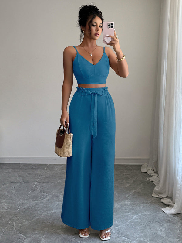 Peacock Blue Suspender Vest Wide Leg Pants Two-Piece Set Shop One Place