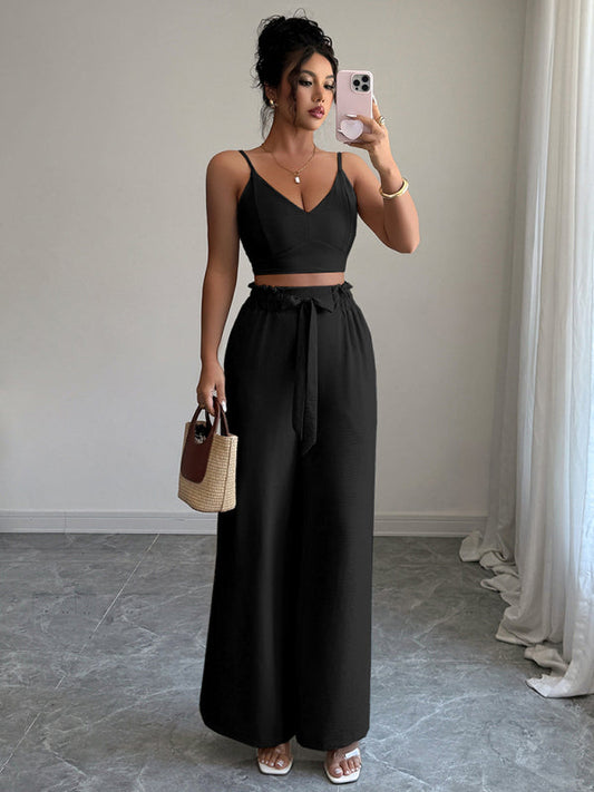 Black suspender vest wide-leg pants two-piece set Shop One Place