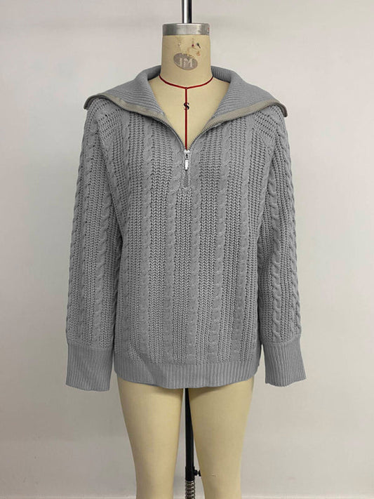 Lapel Cable Zip Sweater Shop One Place