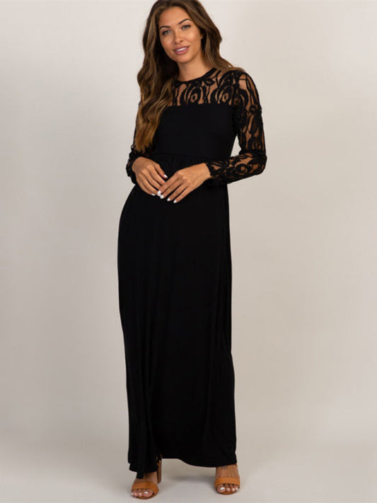 New European and American fashion solid color maternity lace hollow long sleeve dress long dress Shop One Place
