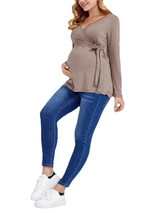 European and American solid color nursing V-neck long-sleeved maternity dress Shop One Place