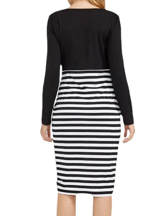 Maternity long sleeve striped round neck dress Shop One Place