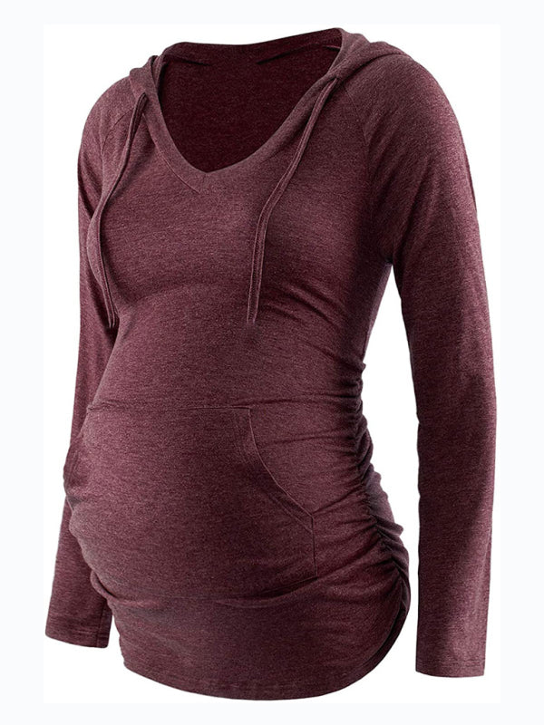 Maternity solid color hooded pocket long-sleeved T-shirt Shop One Place
