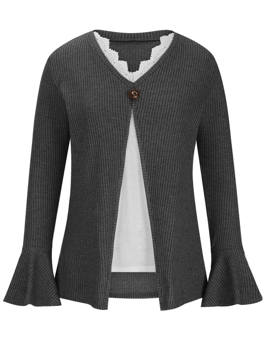 Faux Layered V-Neck Long Sleeve T-Shirt Shop One Place