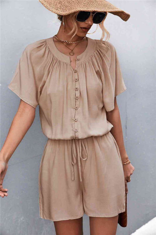 Buttoned Gather Detail Romper Shop One Place