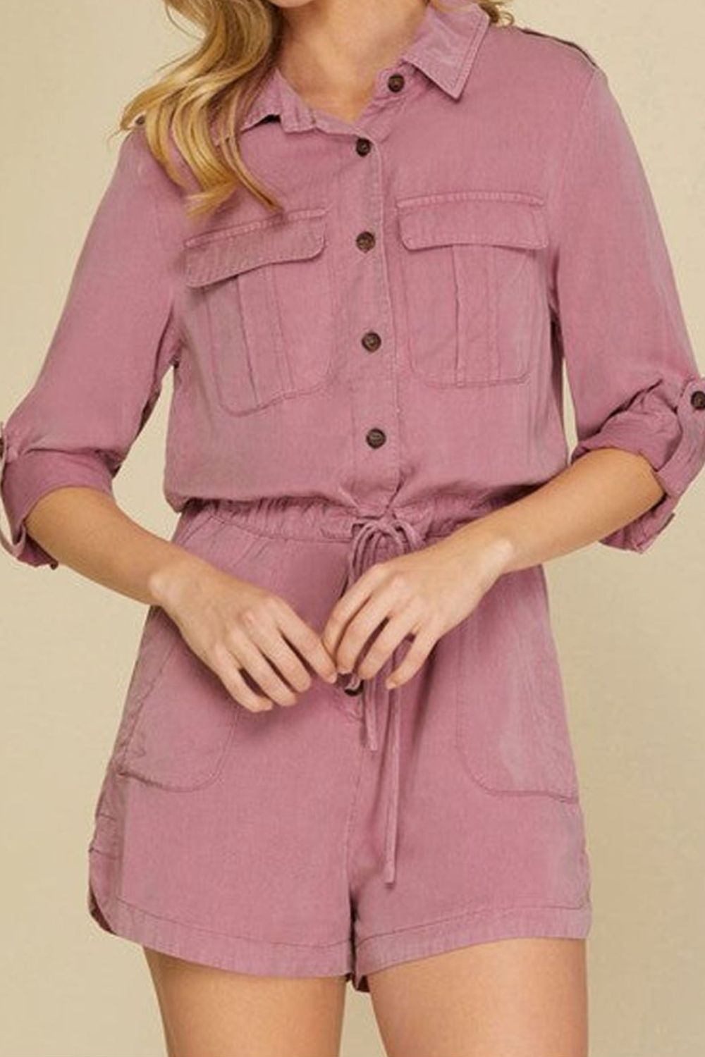 Collared Neck Drawstring Roll-Tab Sleeve Romper Shop One Place