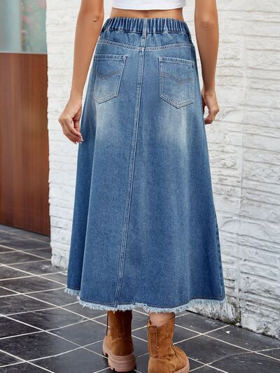 Raw Hem Buttoned Denim Skirt with Pockets Shop One Place