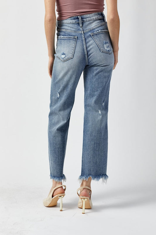 RISEN High Waist Raw Hem Straight Jeans Shop One Place