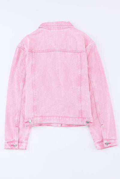 Pocketed Button Up Collared Neck Denim Jacket Shop One Place