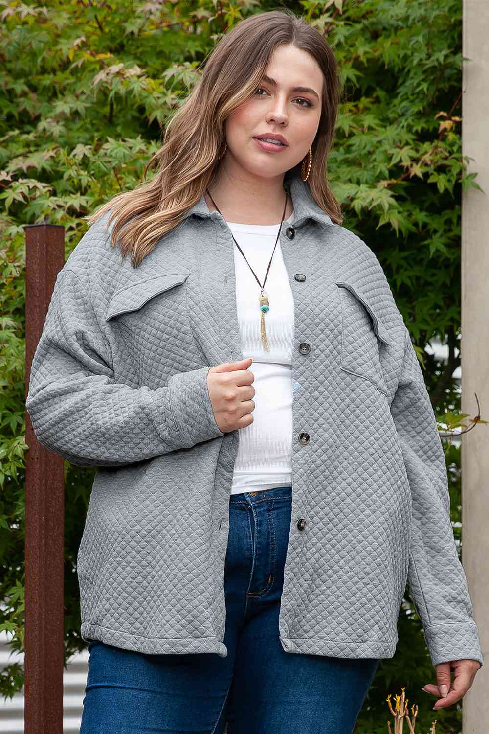 Plus Size Collared Neck Button Up Pocketed Jacket Shop One Place