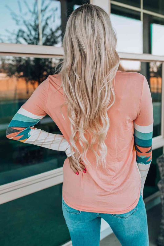 Geometric Round Neck Long Sleeve T-Shirt Shop One Place