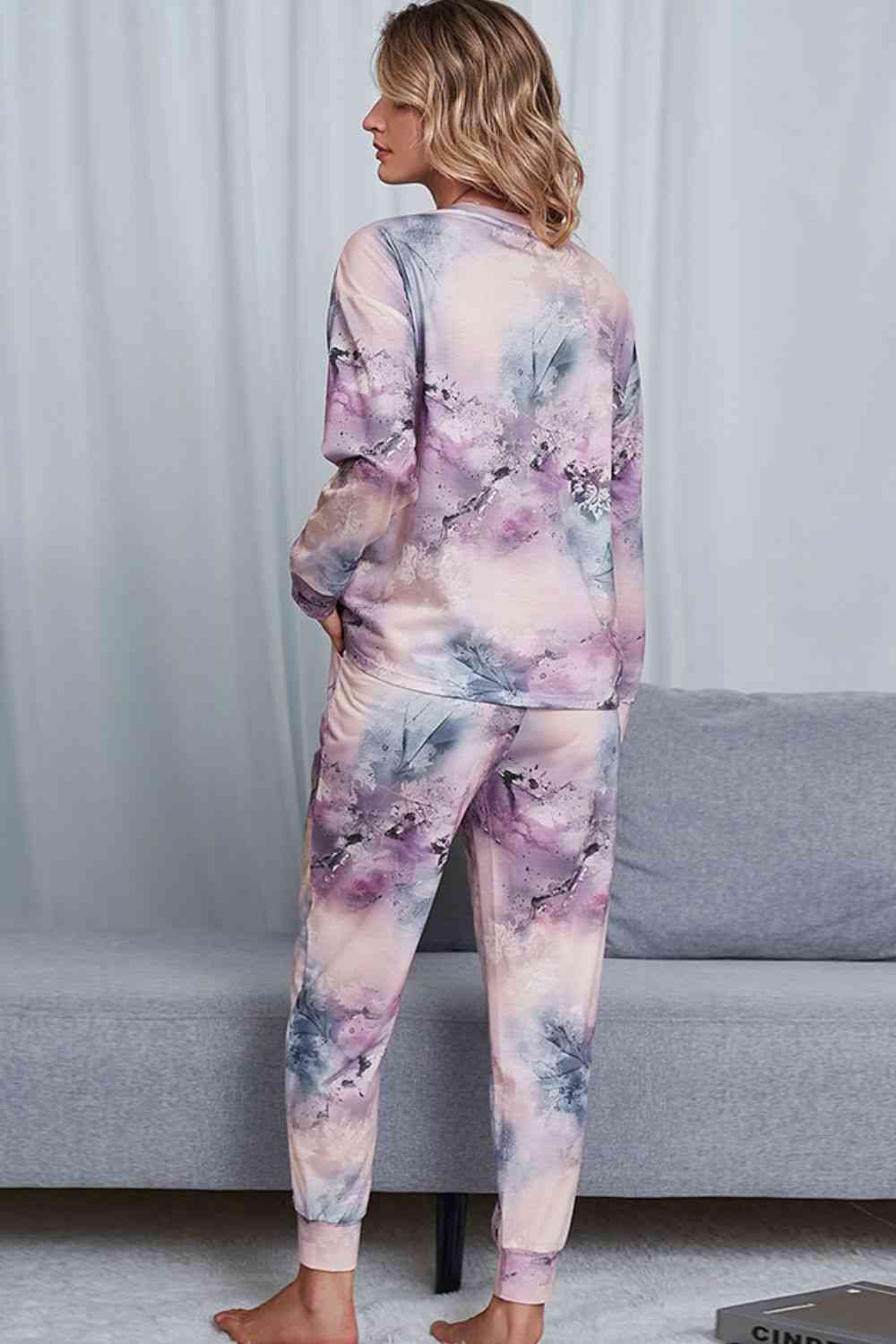 Tie-Dye Crewneck Top and Drawstring Waist Joggers Lounge Set Shop One Place