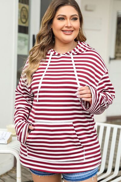 Plus Size Drawstring Striped Dropped Shoulder Hoodie Shop One Place