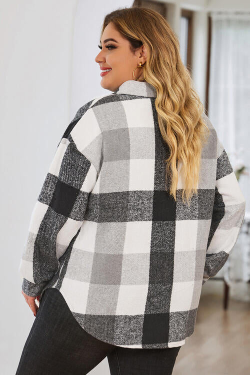 Plus Size Plaid Button Up Collared Neck Jacket Shop One Place