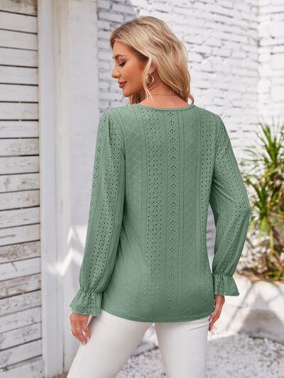 Applique V-Neck Flounce Sleeve T-Shirt Shop One Place