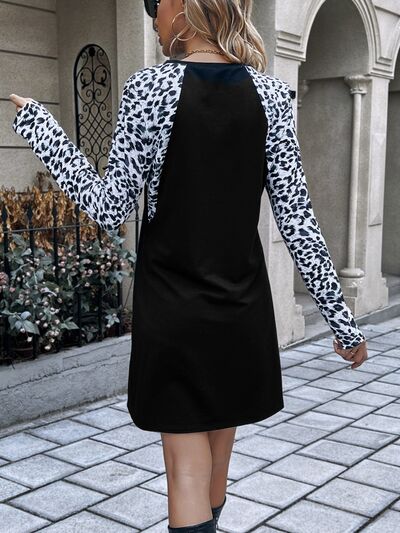 Leopard Round Neck Long Sleeve Dress Shop One Place
