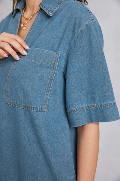 Pocketed Collared Neck Mini Denim Dress Shop One Place