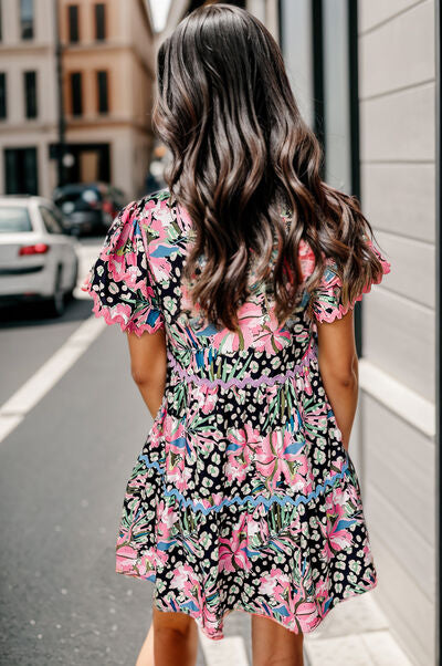 Printed Ruffle Hem Short Sleeve Mini Dress Shop One Place