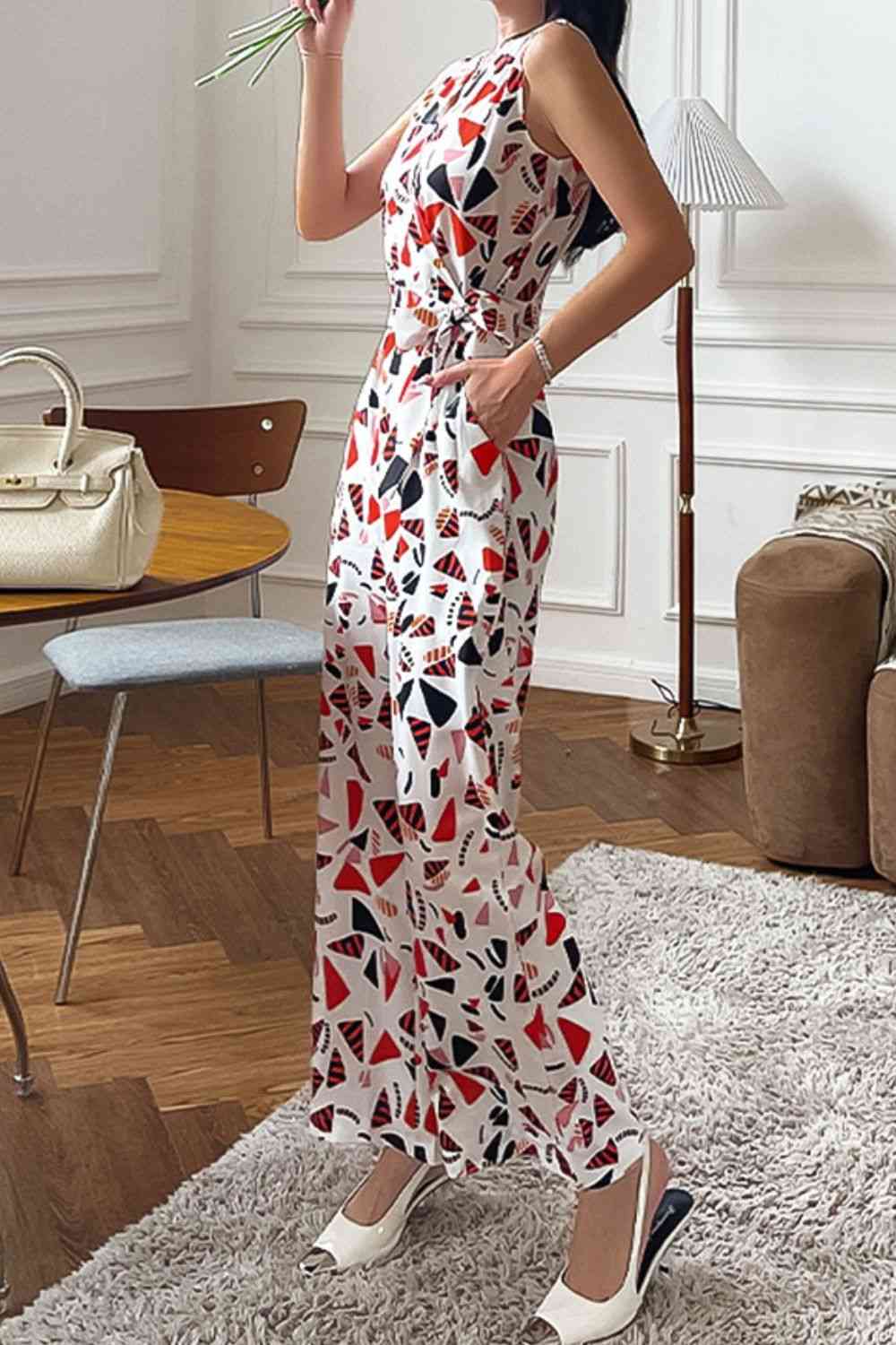 Printed Surplice Neck Sleeveless Jumpsuit Shop One Place