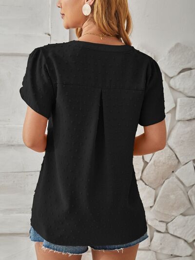 Swiss Dot Notched Petal Sleeve T-Shirt Shop One Place