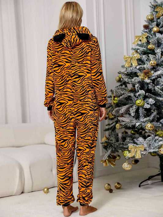 Animal Print Zip Front Lounge Jumpsuit with Pockets Shop One Place