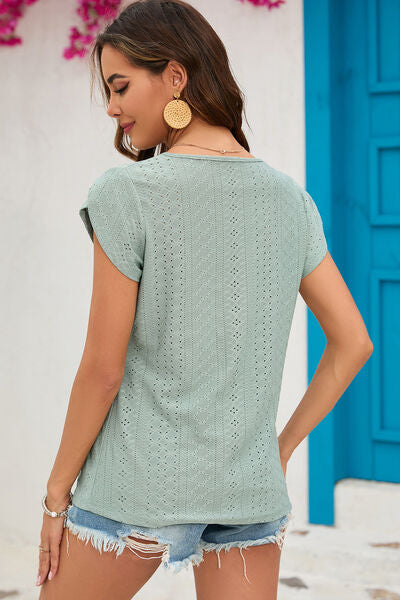 Eyelet Round Neck Short Sleeve T-Shirt Shop One Place
