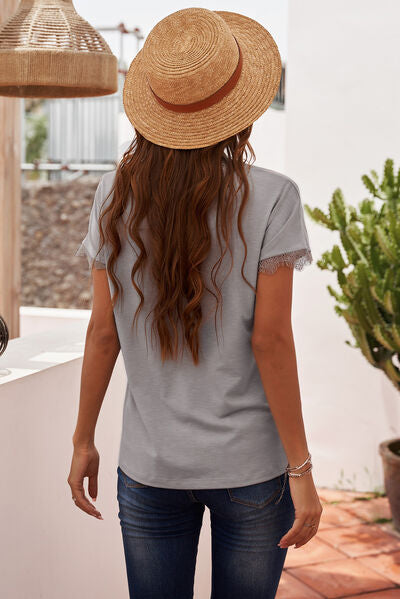Lace Detail V-Neck T-Shirt Shop One Place
