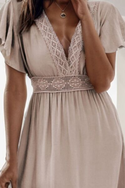 Lace Detail V-Neck Flutter Sleeve Dress Shop One Place