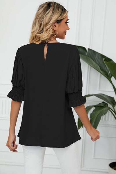 Frill Round Neck Lantern Sleeve T-Shirt Shop One Place