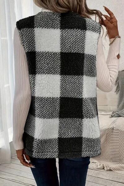 Sherpa Plaid Open Front Vest Coat Shop One Place