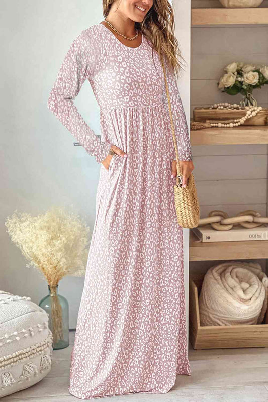 Leopard Round Neck Long Sleeve Maxi Dress Shop One Place