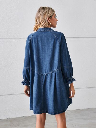 Button Up Flounce Sleeve Mini Denim Dress Shop One Place