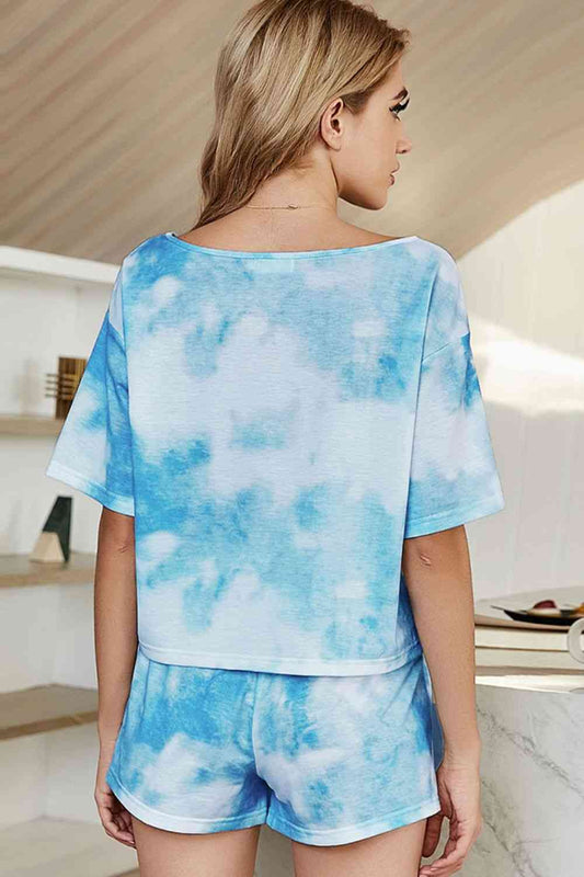 Tie-Dye Boat Neck Top and Shorts Lounge Set Shop One Place