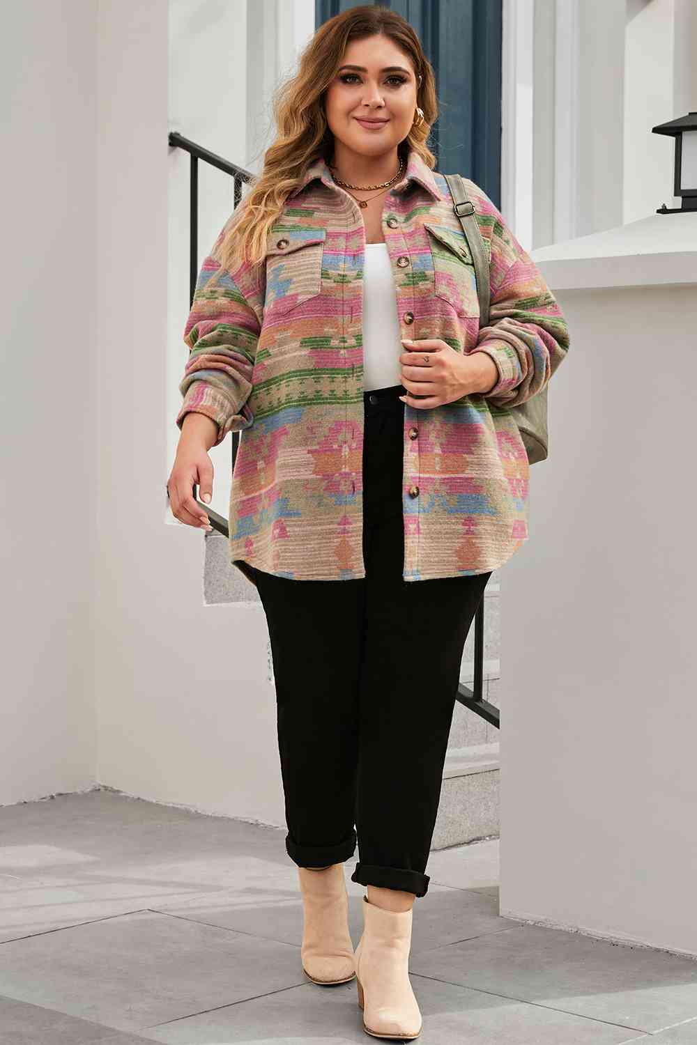 Plus Size Geometric Collared Jacket Shop One Place
