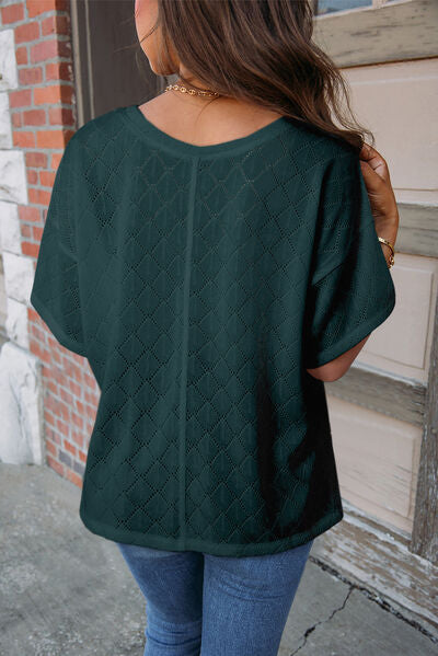Eyelet V-Neck Dropped Shoulder T-Shirt Shop One Place