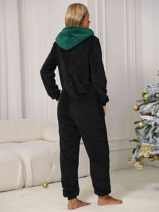 Pom-Pom Trim Zip Front Hooded Lounge Jumpsuit Shop One Place