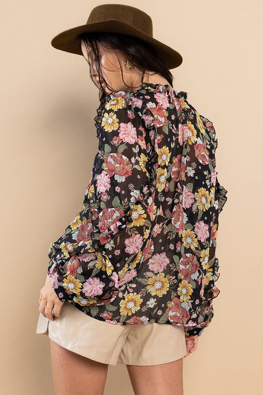 Ces Femme Ruffle Trim Long Sleeve Floral Blouse Shop One Place