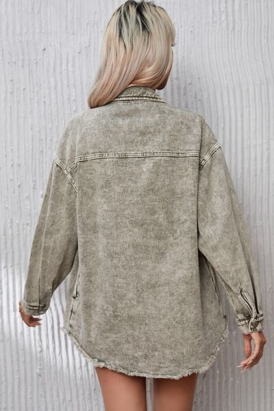 Button Up Pocketed Raw Hem Denim Jacket Shop One Place