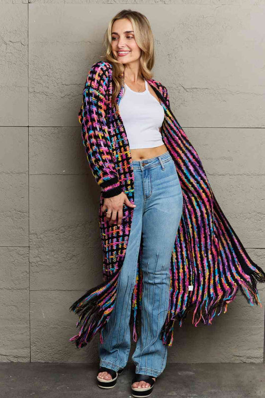 Multicolored Open Front Fringe Hem Cardigan Shop One Place