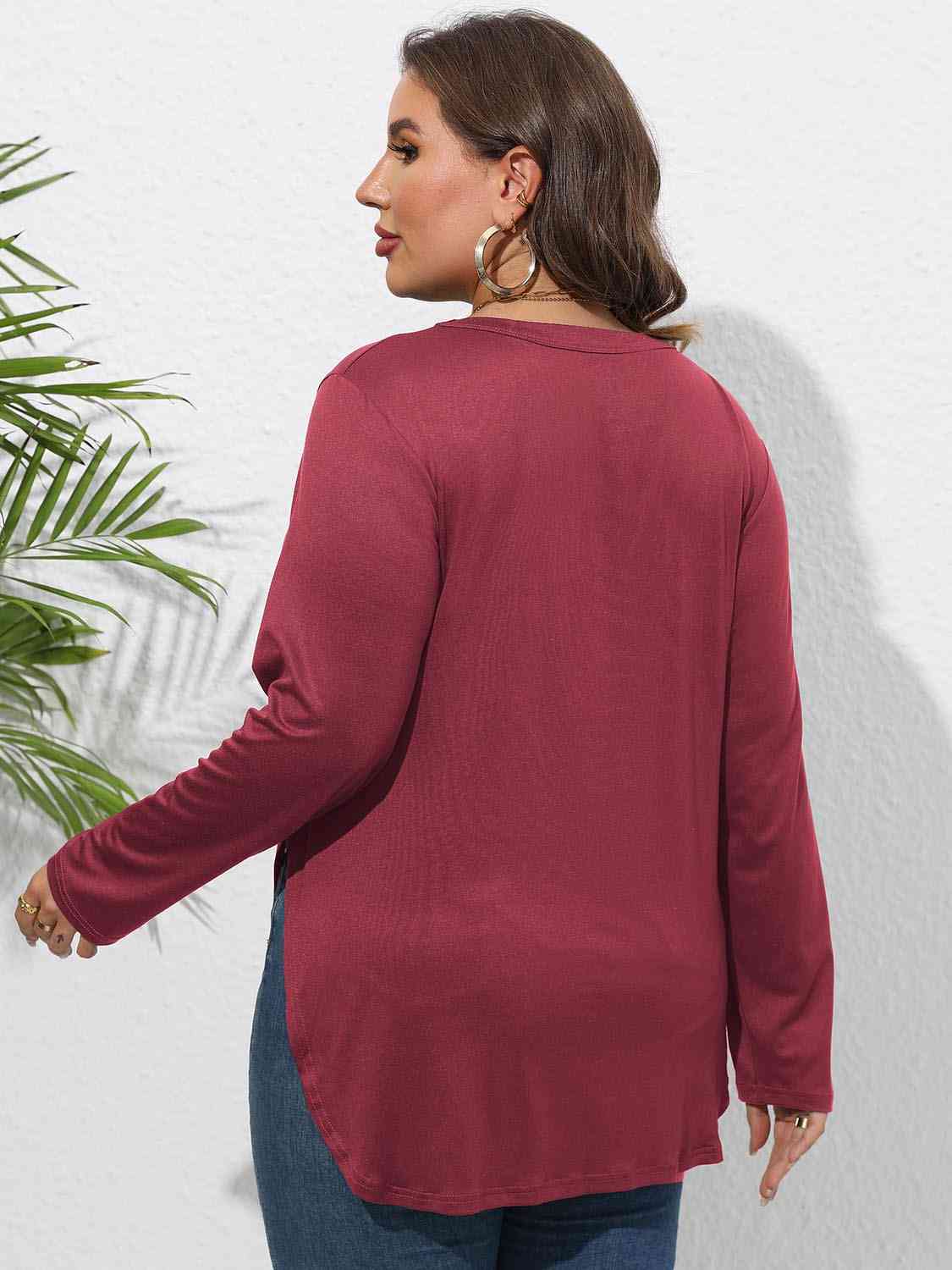 Plus Size Round Neck Long Sleeve Slit T-Shirt Shop One Place