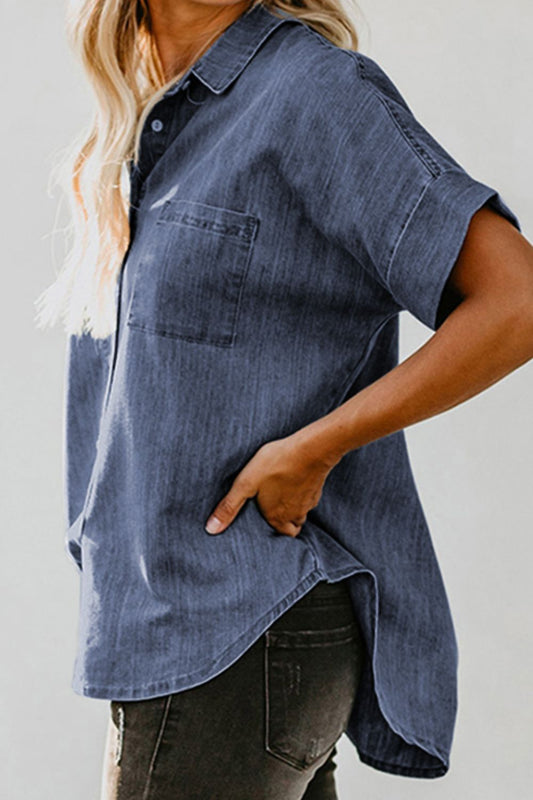 Pocketed Button Up Short Sleeve Denim Shirt Shop One Place