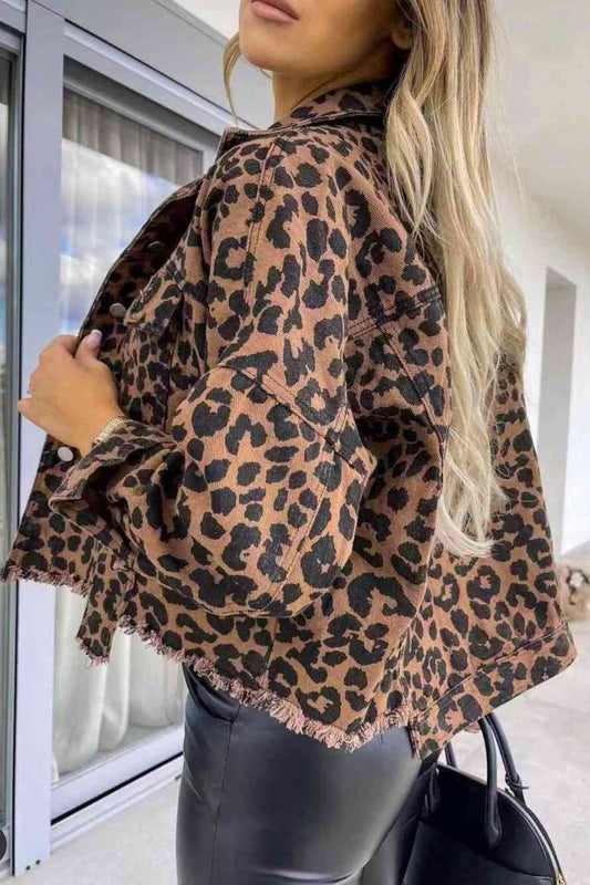 Leopard Raw Hem Denim Jacket Shop One Place