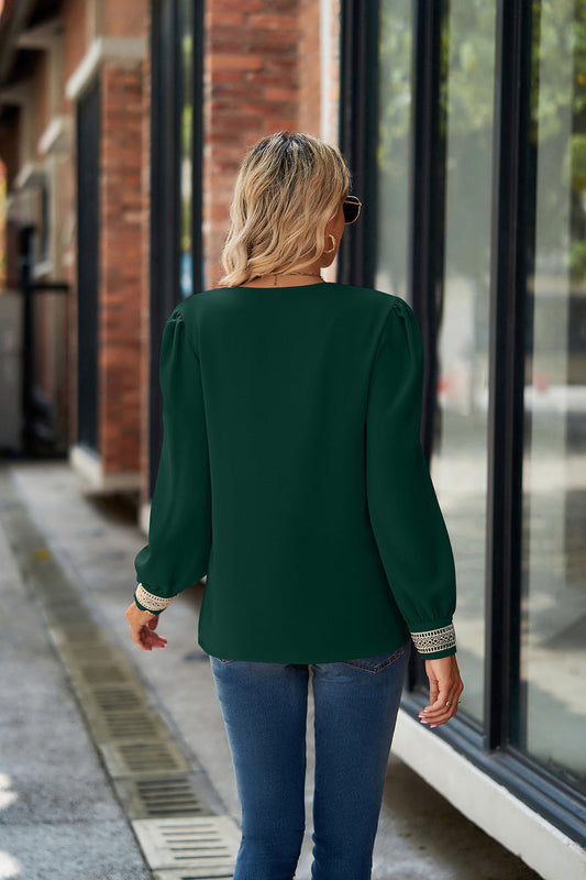 V-Neck Lace Detail Long Sleeve Top Shop One Place