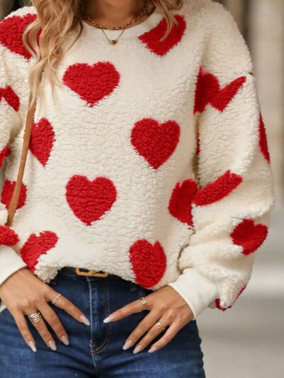 Fuzzy Heart Dropped Shoulder Sweatshirt Shop One Place